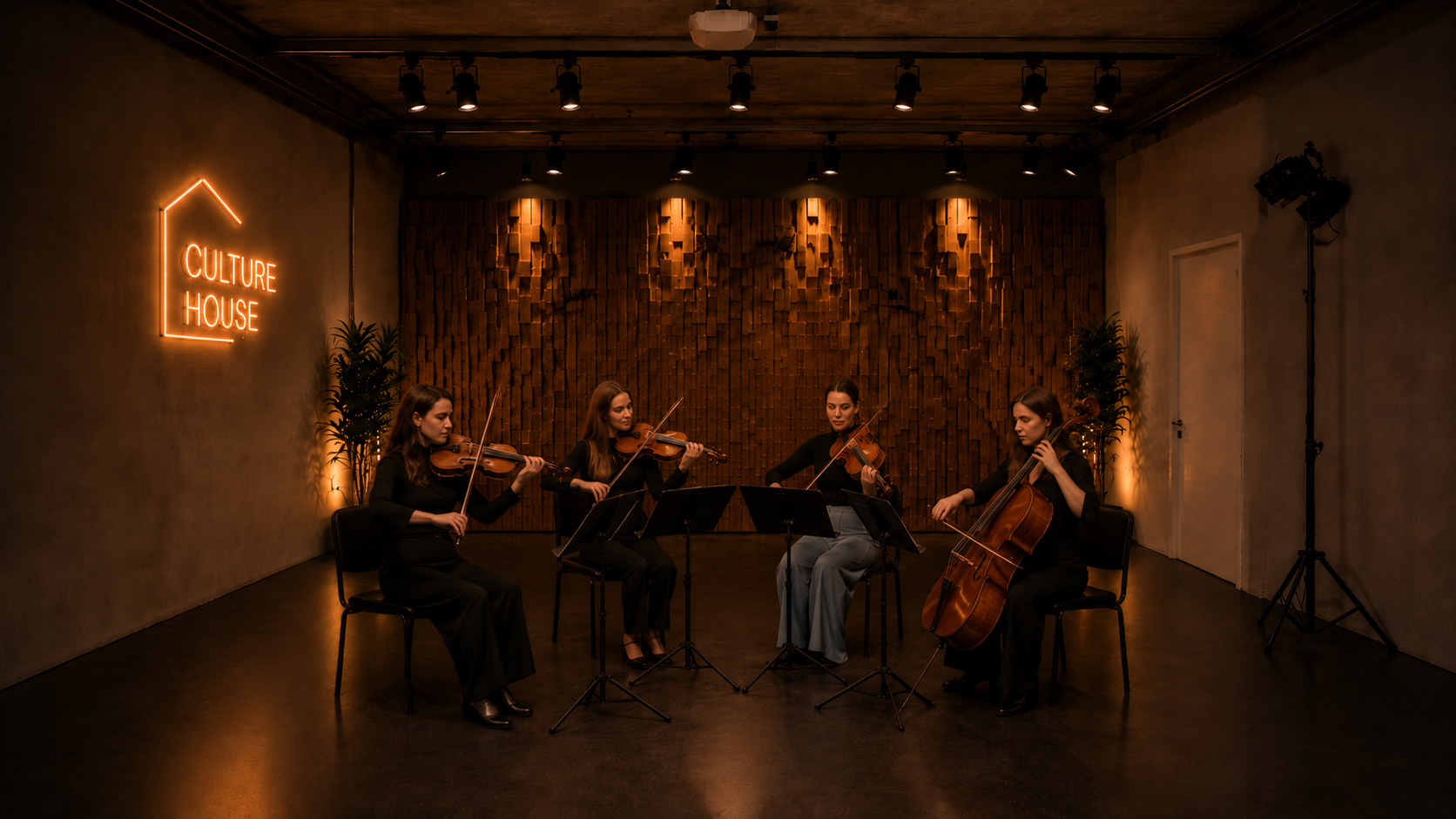 Strijkkwartet in de muziekstudio van Culture House in Almere